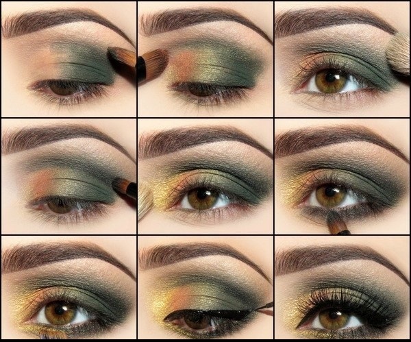 Вечерний макияж для карих глаз в зелёных оттенках