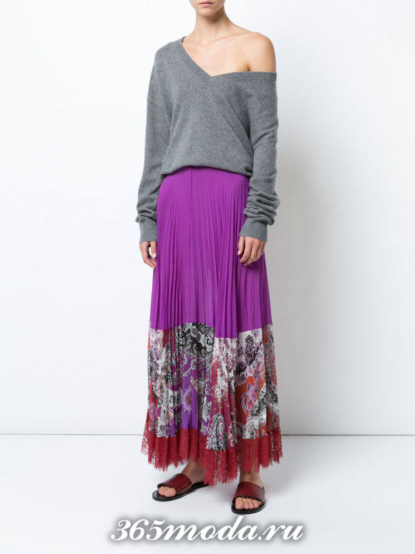 фиолетовая длинная юбка плиссе с принтом