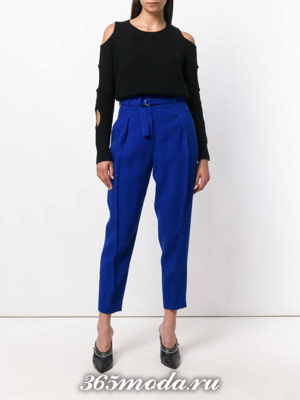 укороченные брюки с завышенной талией синие