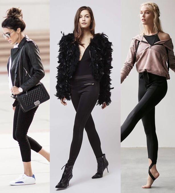A picture collage of three female models sporting different types of black leggings; black capri leggings, full-length black leggings and stirrup leggings 