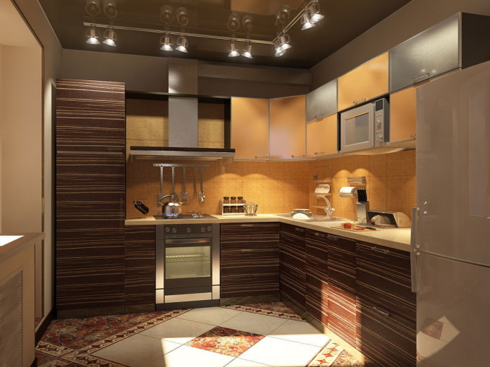потолочная конструкция коричневого цвета на кухне