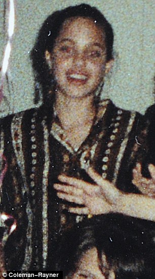 Angelina Jolie, aged 12 or 13 ,wears a colourful outfit at a school friend