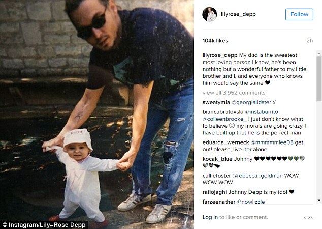 Defiant: Lily-Rose Depp posted this throwback photo of her father to defend him against abuse claims. She also wrote a touching testimony, calling him a 