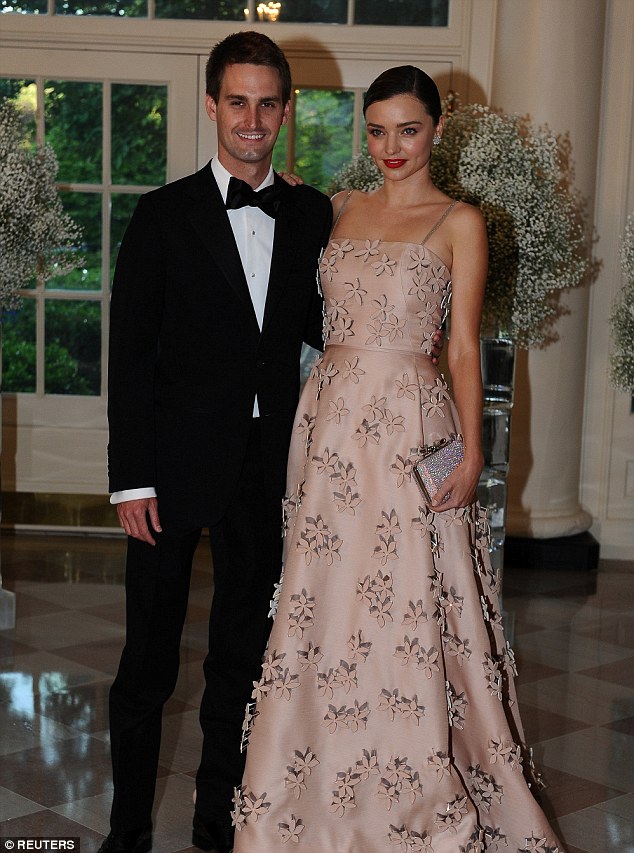 Set to wed: Snapchat founder Evan Spiegel is celebrating his engagement to Miranda Kerr, DailyMail.com can exclusively reveal; the couple are seen here in May