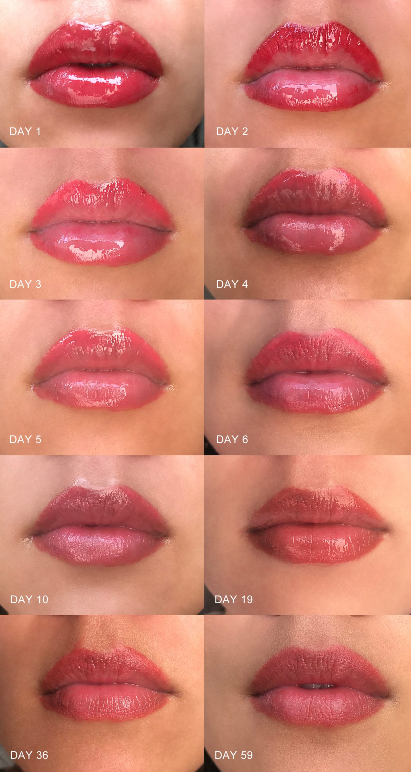 Healing after my touch-up session: This time we used more of a pink color to offset the red-orange undertone of my natural lip color and create more of a pink finish. The healing process was much faster this time around. - www.theballeronabudget.com Татуаж Бровей, Естественные Цвета Для Губ, Естественные Губы, Оттенки Помады, Maquillaje, Татуированные Брови, Цвет Губ, Татуировки, Завивки