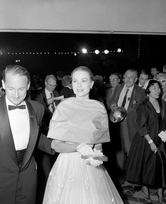 Grace Kelly arriving at the 28th annual Academy Awards, 1956