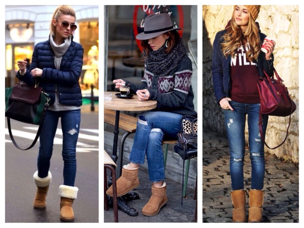 Коллаж фотографий девушек в джинсах и уггах бежевого цвета