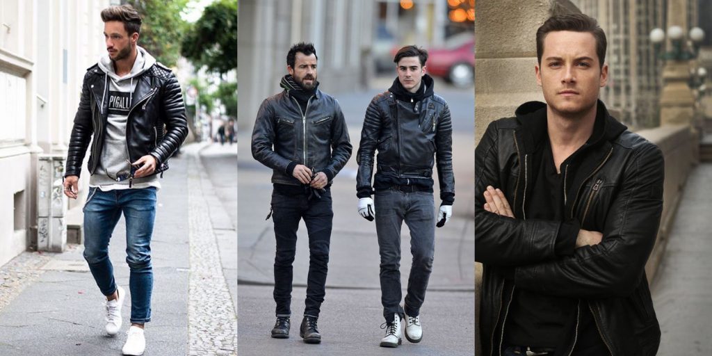 Коллаж фотографий мужчин в кожаных куртках косухах разных цветов