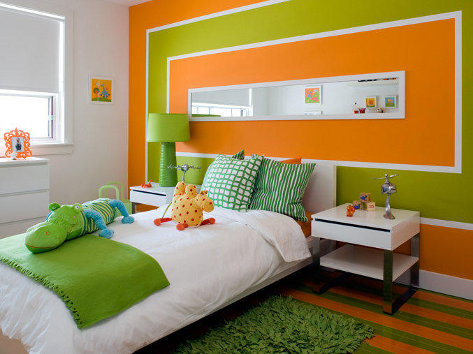 Мягкие сочны оттенки зеленого и оранжевого наполнят комнату яркими красками