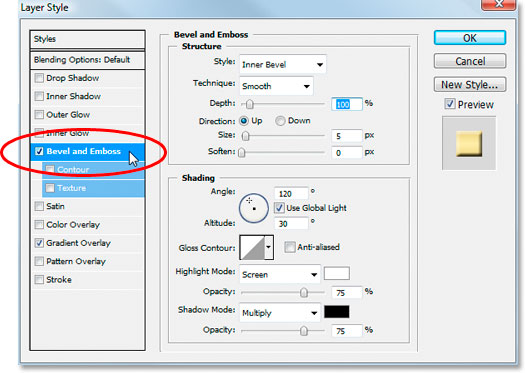 Switch to the Bevel and Emboss options