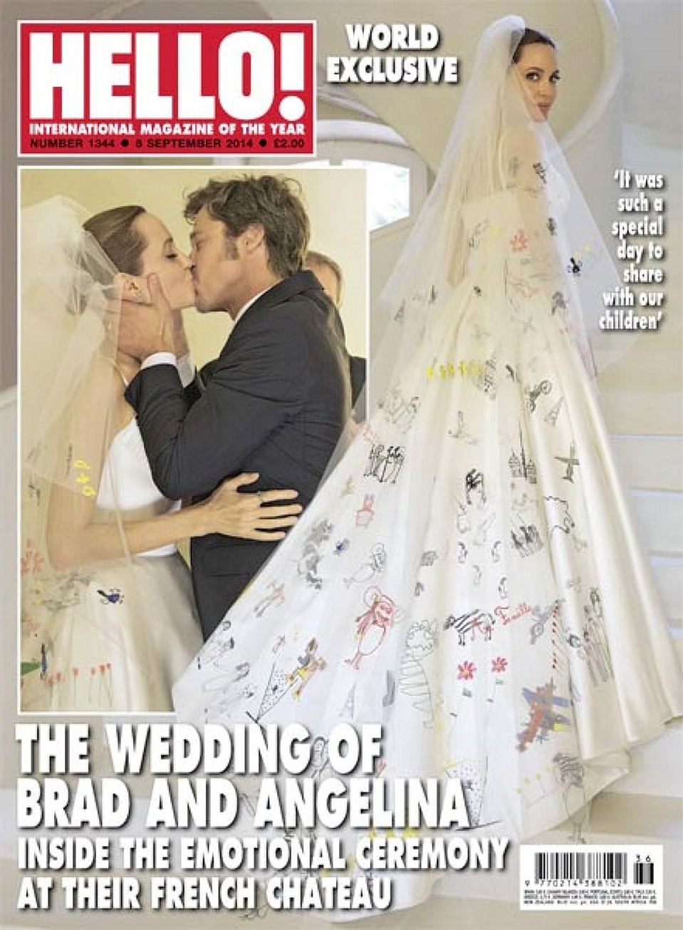 Свадьба Брэда и Анджелины была красивой и очень трогательной: невеста пошла к алтарю в платье, расшитом рисунками их детей. 