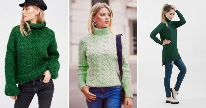 Зеленый свитер с горлом стиль