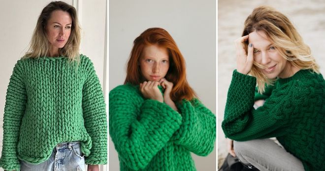 Зеленый свитер крупной вязки идеи