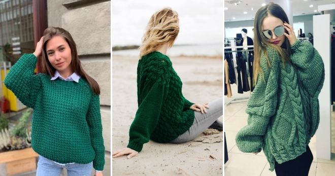 Зеленый свитер крупной вязки мода