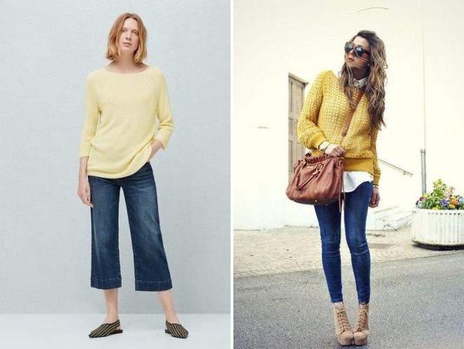 желтый свитер и джинсы