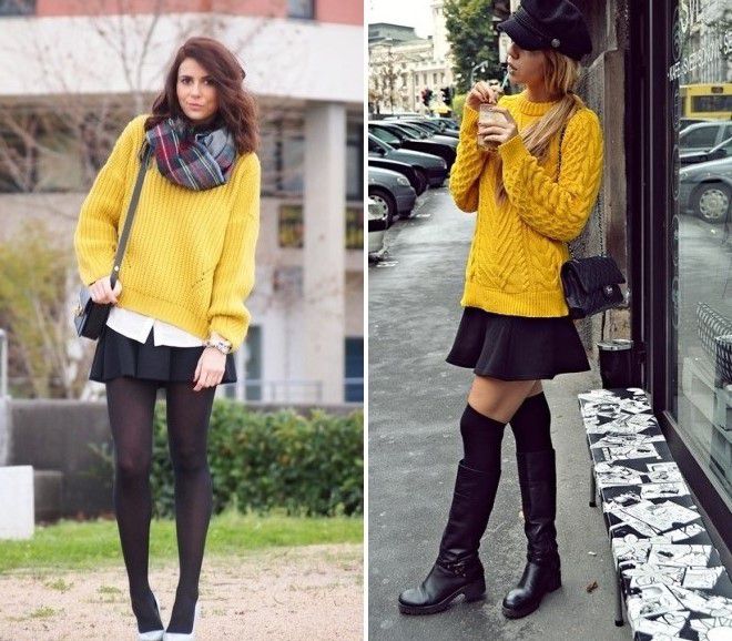 желтый свитер и черная мини-юбка