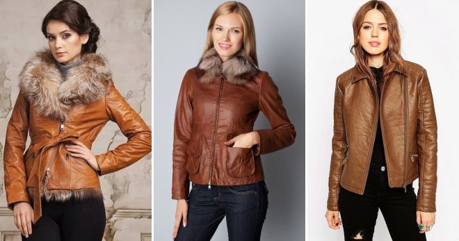 Женские зимние кожаные куртки светло коричневая