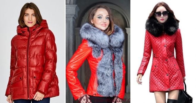 Женские зимние кожаные куртки красная