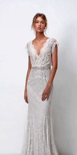 wedding dress designers sheath lace v neckline with short sleeves lihi hod